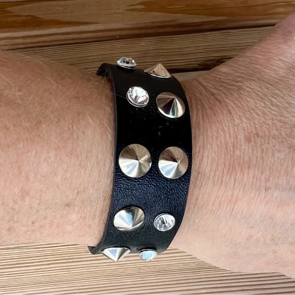 - Stud & Crystal Black Leather Cuff! NEW!